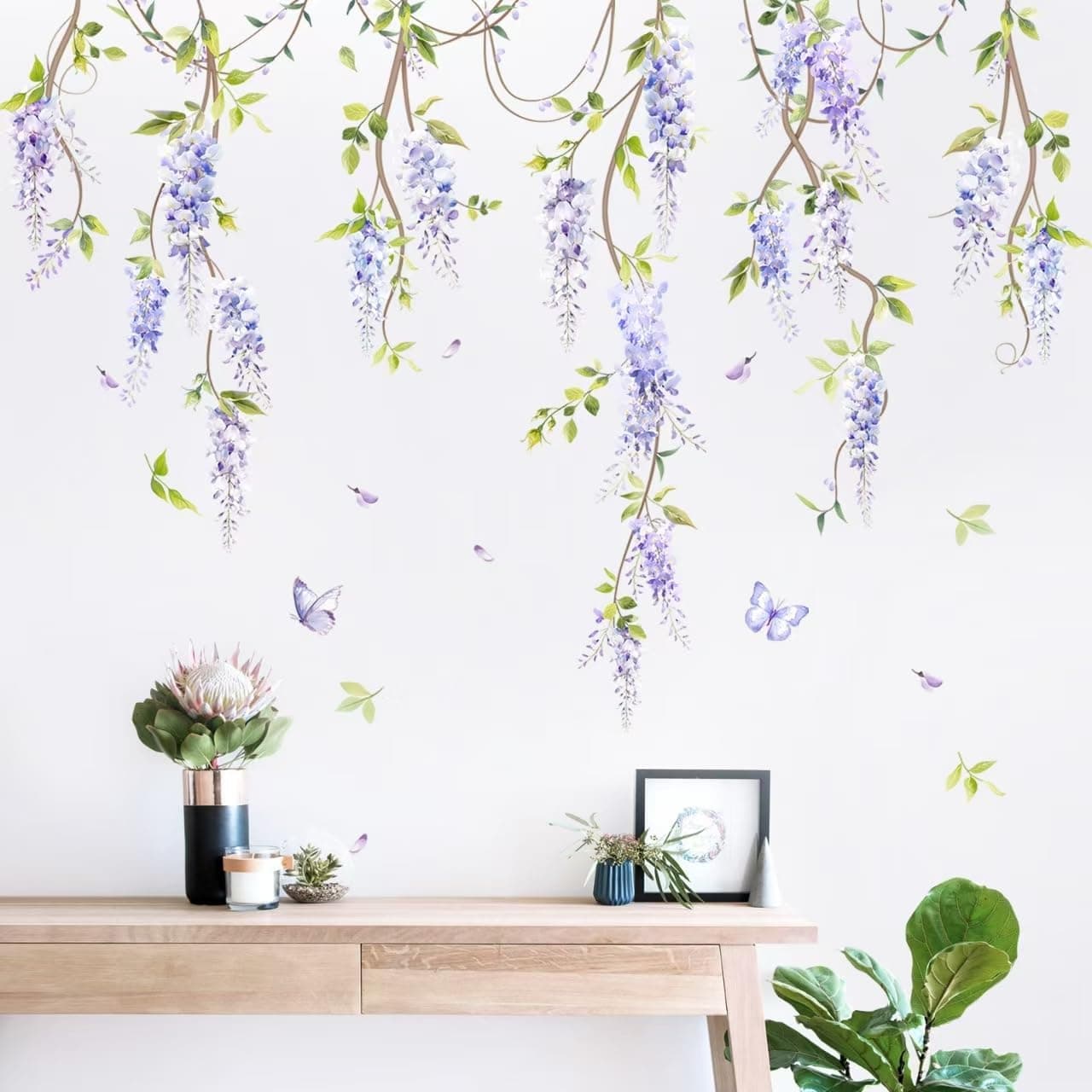 Supzone Purple Flower Wall Decals Hanging Wisteria Floral Green Leaves Boho Spring Summer Wall Stickers Art Decor for Living Room Bedroom Office Nursery Classroom Gifts for Mom