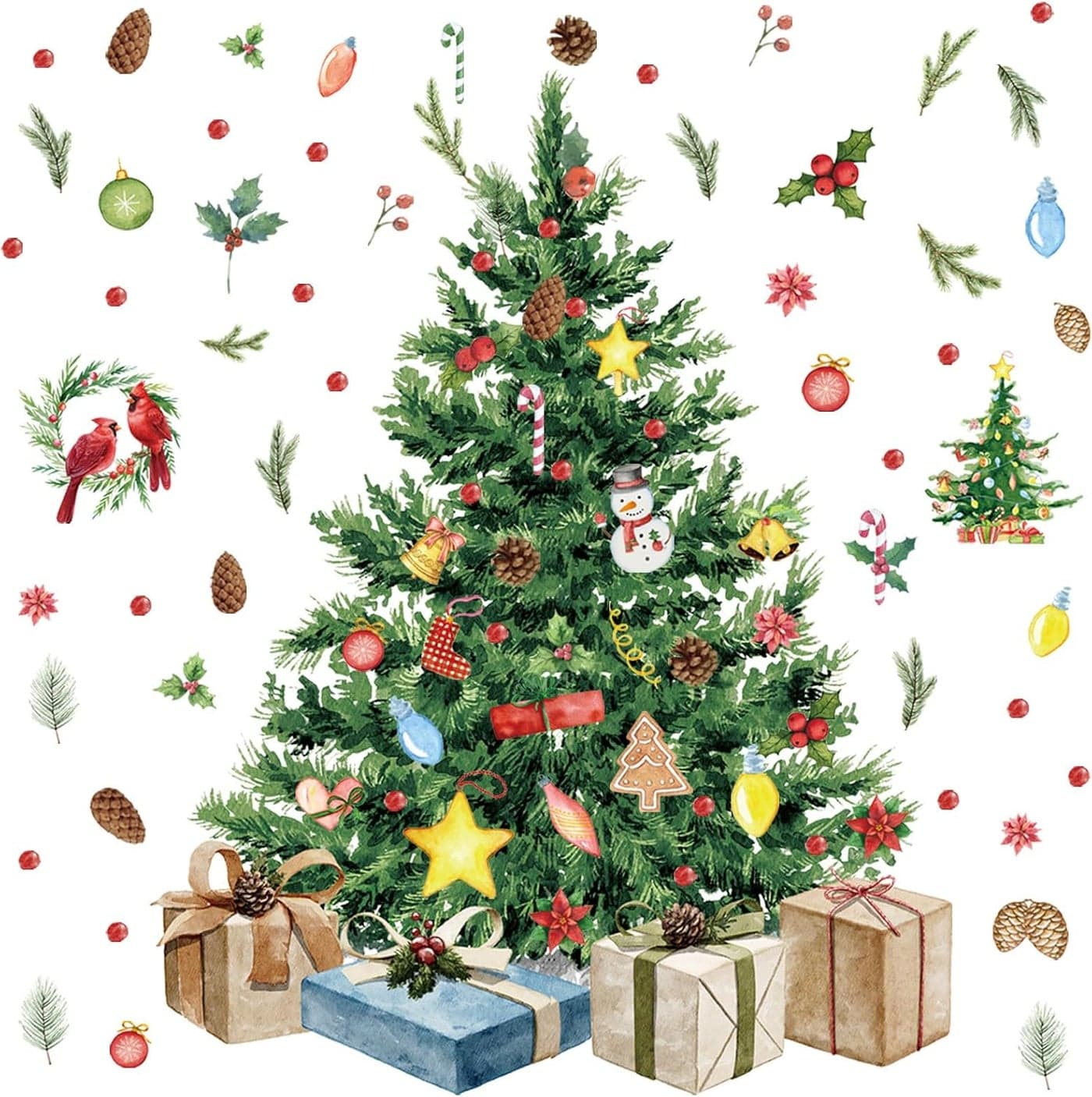 Spiareal Large Christmas Tree Wall Decals Merry Christmas DIY Watercolor Wall Stickers Peel and Stick Removable Xmas Tree Giant Decals for Bathroom Living Room Offices Home Decoration