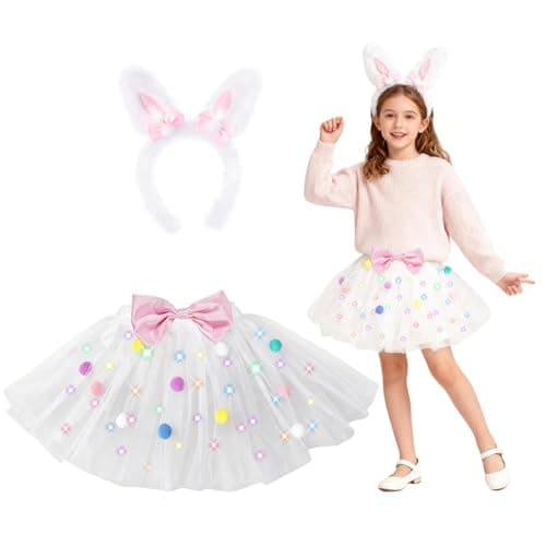 PinkSheep Girls Bunny Costume SetLed Light Up Girls Tutu Skirt With Bunny Ears Headband Bow Tie Accessories Kids School Party Outfit Animal Costumes Halloween Dress Up Cosplay Birthday Gifts