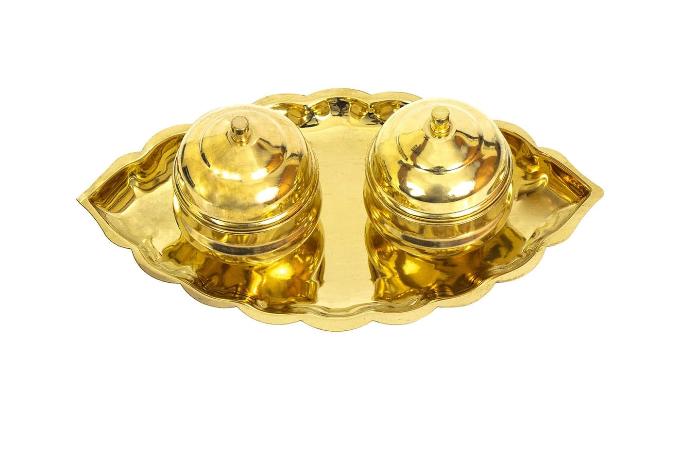 Spillbox Traditional Handcrafted Brass Thali Haldi kumkum Chandhan Holder Stand Plate with Lid RoliChawal Kumkum BoxSindoor TurmericPuja Worship Oval 2 Bowl Small