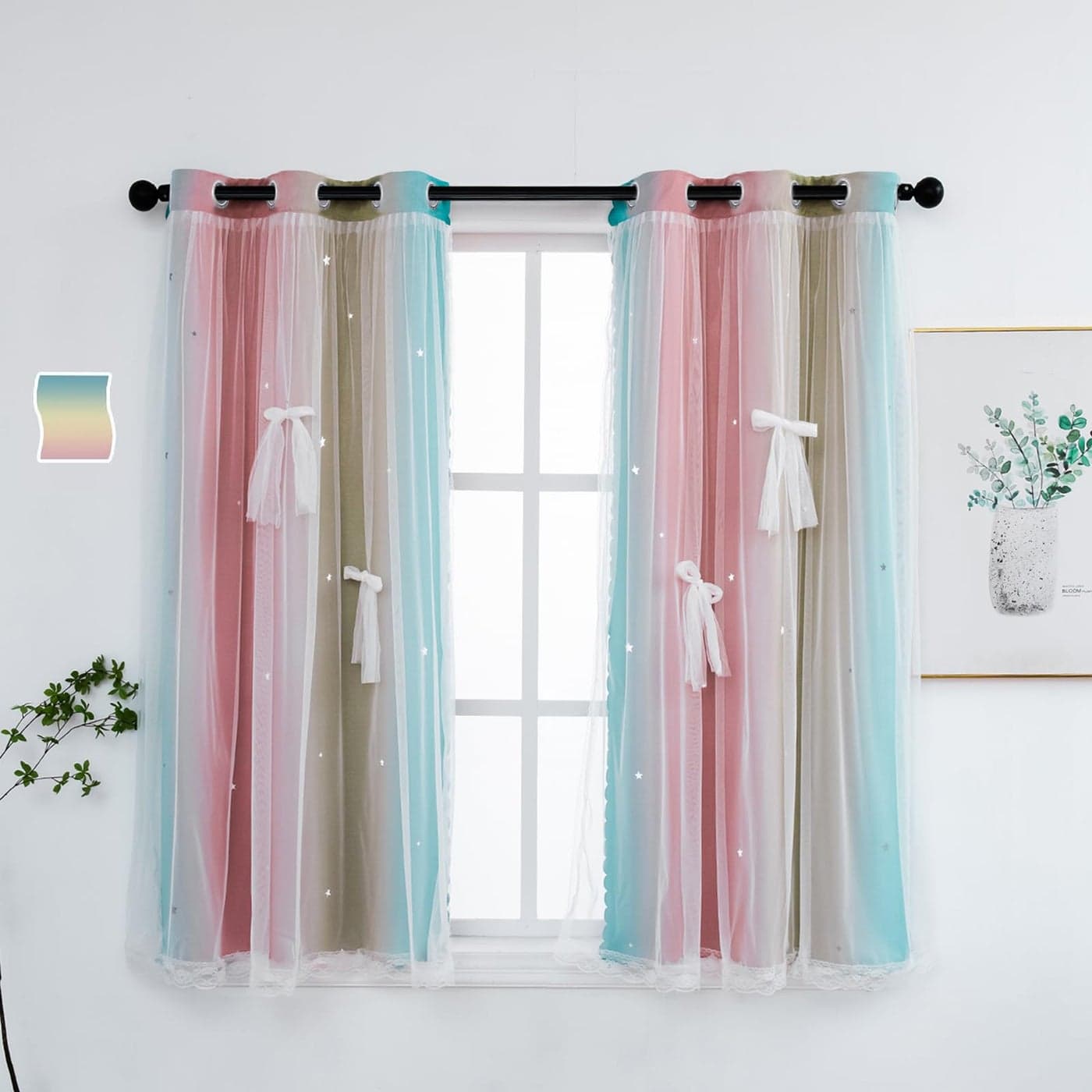 Yancorp Curtains for Girls Bedroom Kids Room Curtain Colorful Window Nursery Curtain 63 inches Length Room Darkening Grommet 2 Layers Baby Pink Blue W34 X L63