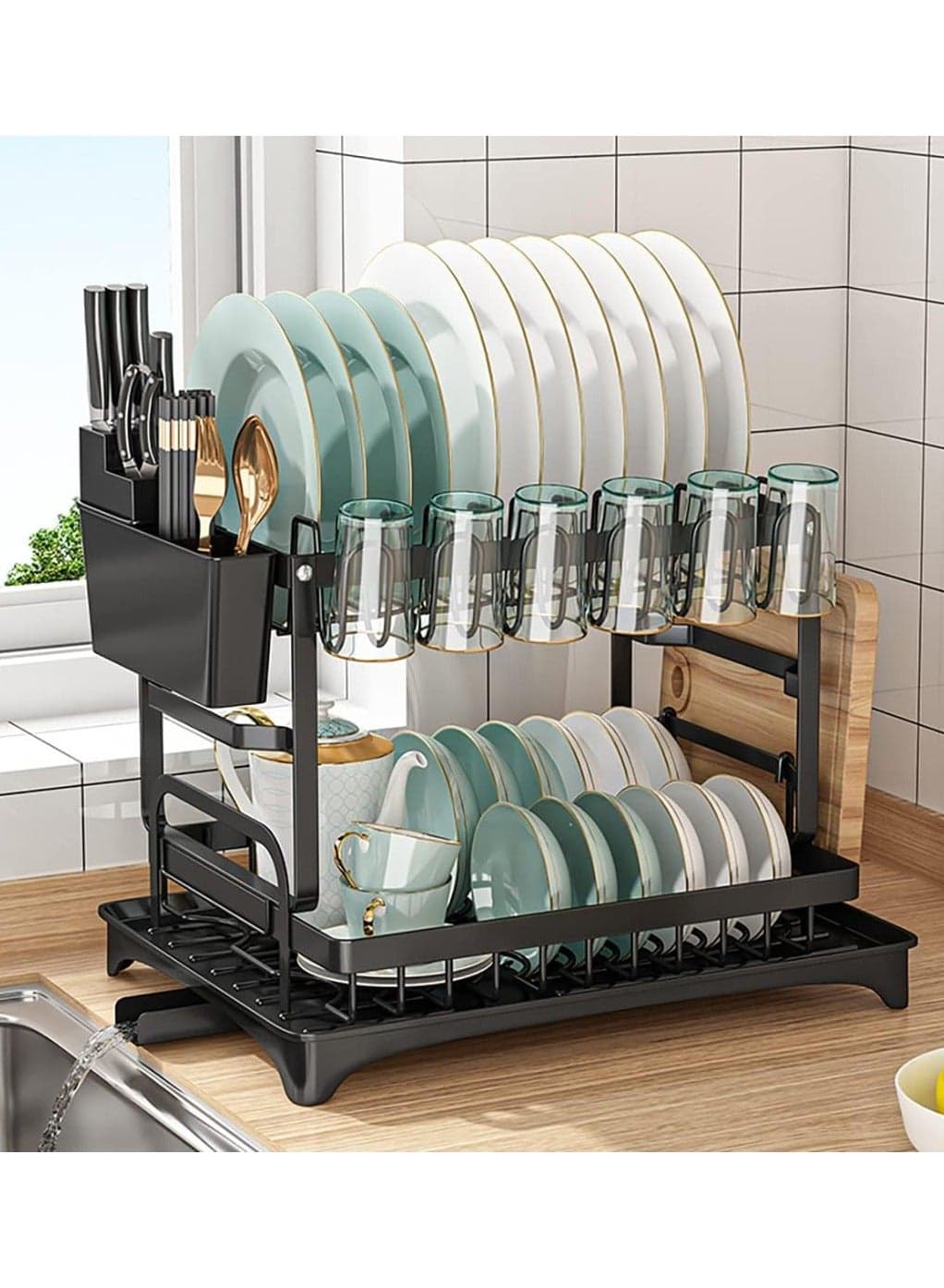 2 Tier Dish Drying Rack Dish Drying Stand with Utensil Holder Cutting Board Holder
