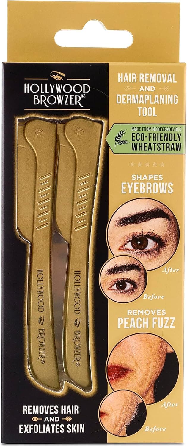 Hollywood Browzer Dermaplaning Blades for Face Eyebrow Shaping Removing Unwanted Hair and Peach Fuzz Exfoliating Tool for Women Face Razor for Women Facial Hair Remover Duo Gold
