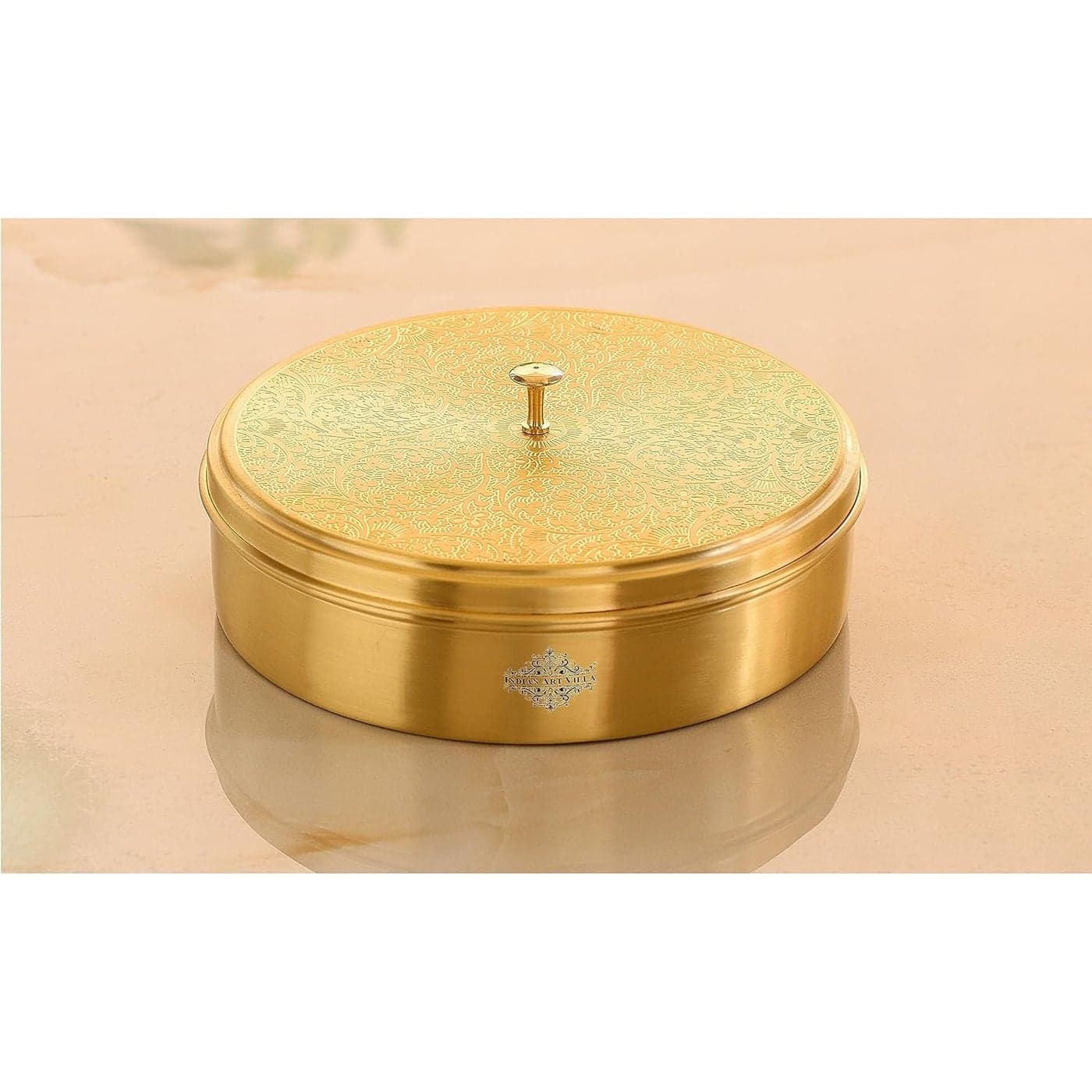 INDIAN ART VILLA Brass Handmade Masala Box Dabba Spice Container With Embossed Lid 7 Compartments Diameter 72 Inch Gold