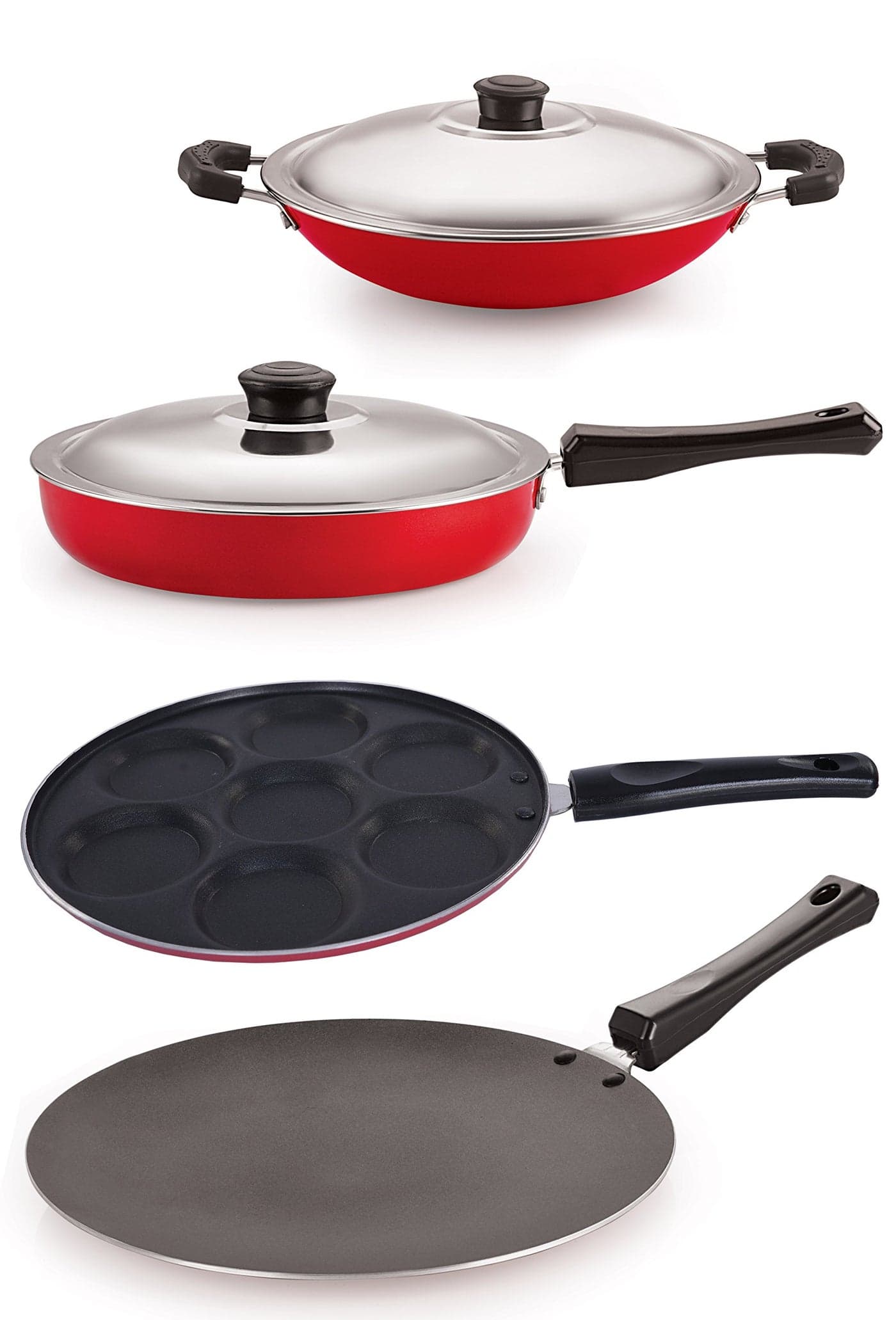 Nirlon Non-Stick Aluminium Cookware Set, 4-Pieces, Red (26_CT_FP12_CHATTI_UP)