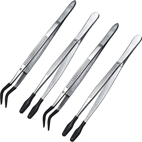 Honoson 4 Pieces Rubber Tipped Tweezers PVC Silicone Tip Tweezers Coated Flat and Bent Forceps for Lab Industrial Jewelry Craft Coin Stamp Tongs(Black)