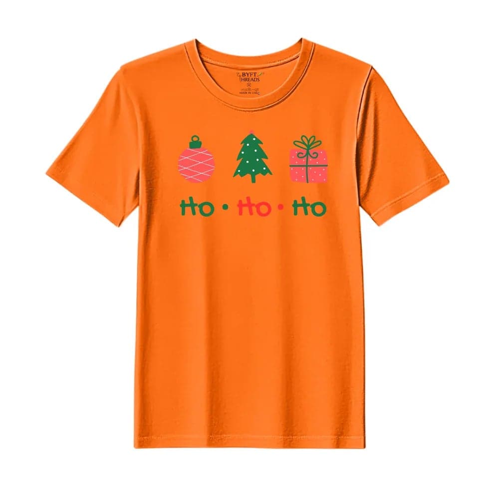 BYFT Threads Medium Orange Polycotton T-Shirt - Christmas "HO HO HO" Printed Design, Premium Holiday Collection