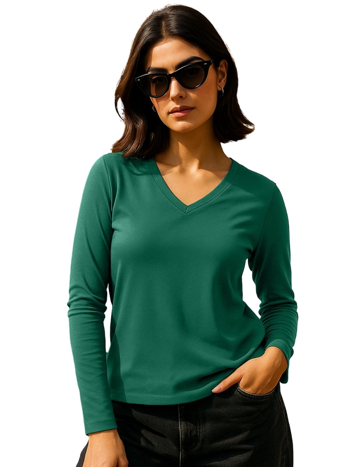 JUNEBERRY® Pure Cotton Regular Fit Solid Full Sleeve T-Shirt for Women & Girls JB_FS_V_G117_M Green