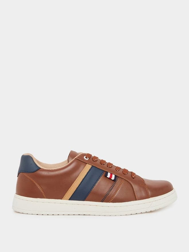 Men Tan Side Stripe Lace-Up Sneakers