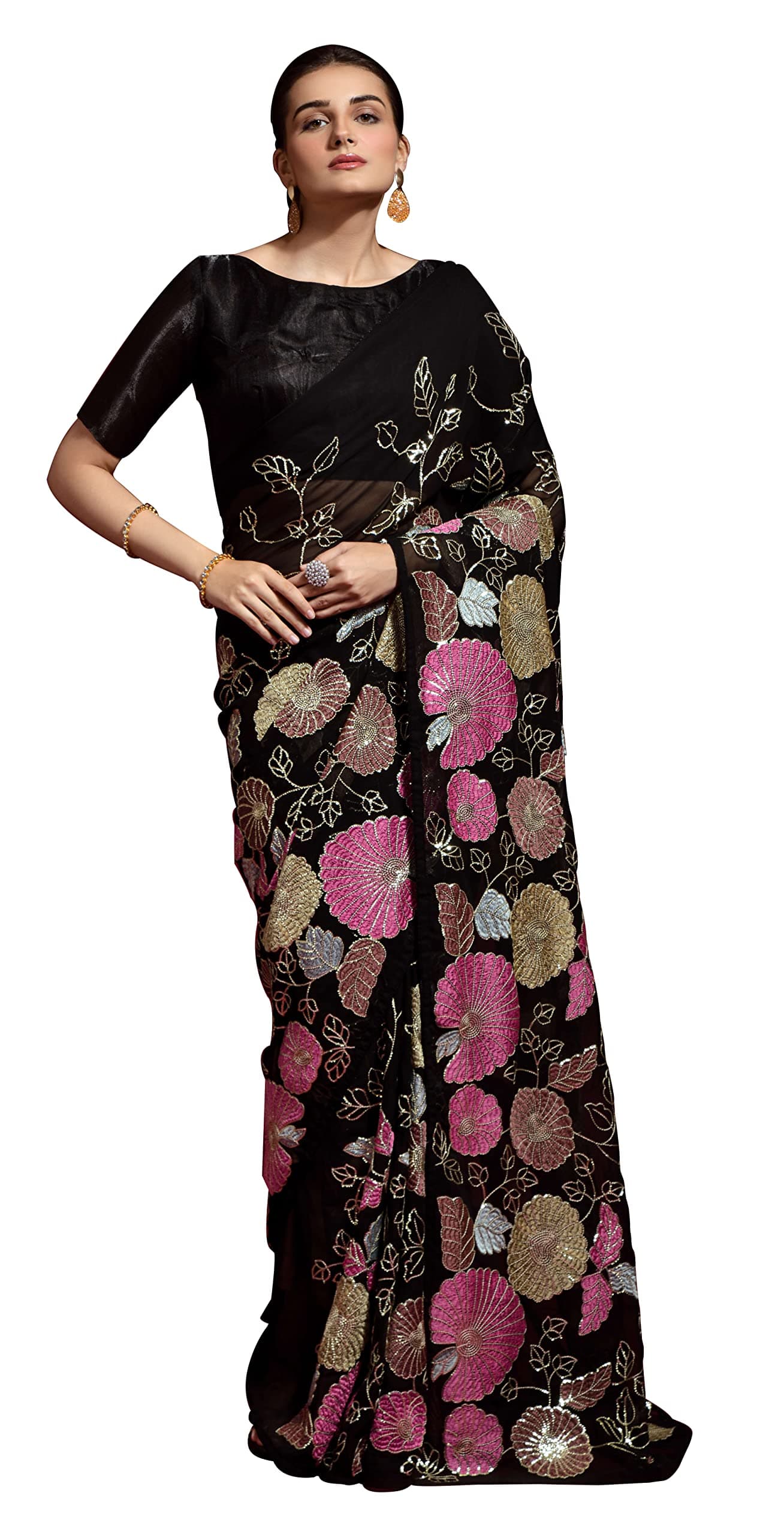 Dwiza Enterprise Women's Smooth Georgette Hand Work Designer Embroidered Saree With Unstitched Matching Blouse Piece (Black)