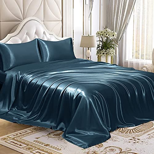 Homiest 4pcs Satin Sheets Set Luxury Silky Satin Bedding Set with Deep Pocket, 1 Fitted Sheet + 1 Flat Sheet + 2 Pillowcases (Queen Size, Deep Sea Blue)