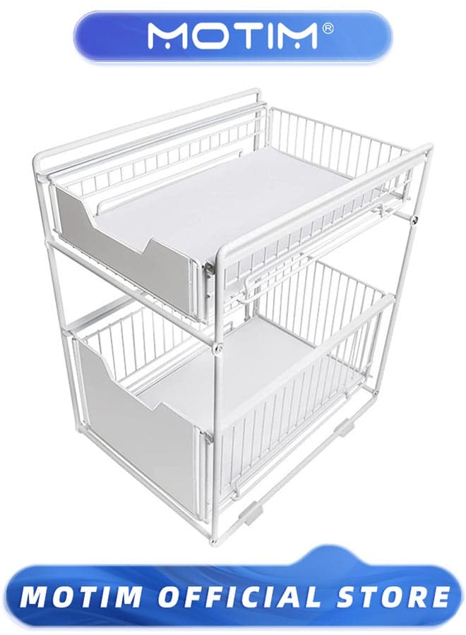 Kitchen Organizer Under Sink Storage Rack 2-Tier Stackable Cabinet Organizer Shelf with Sliding Drawer Suitable for Kitchen Storage Savers (White)