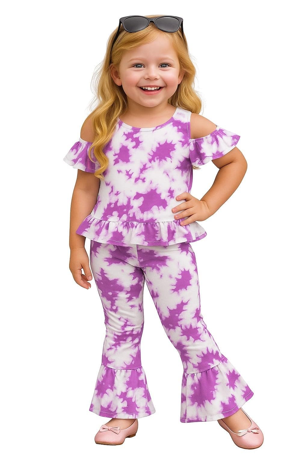 A.T.U.N. (ALL THINGS UBER NICE) Girls Tie-Dye Cold Shoulder Peplum Top and Bell Bottom Pants Set