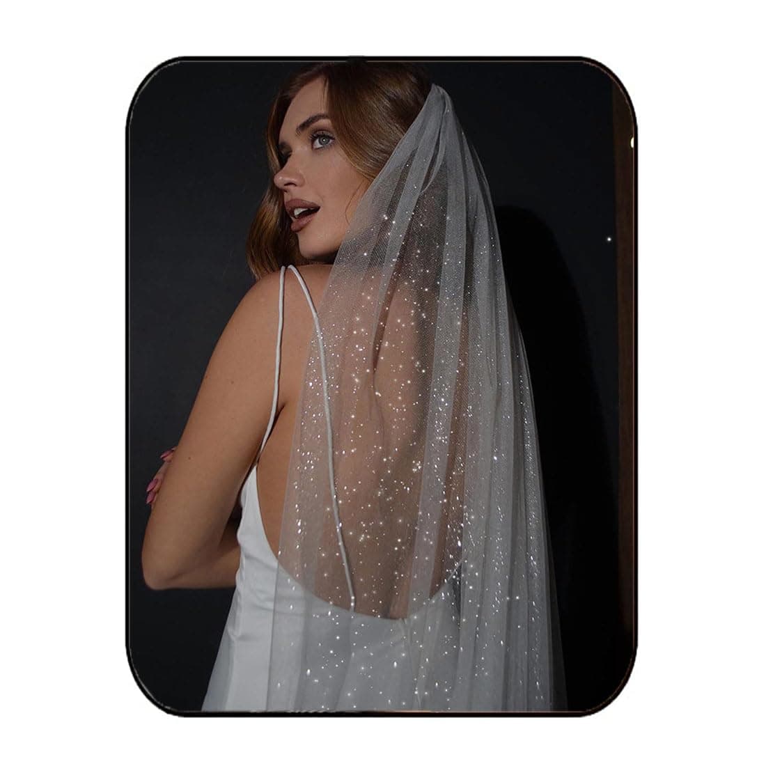 Unsutuo 1 Tier Glitter Bride Wedding Veil Fingertip Bachelorette Party Veil Sparking Bridal Veil for Women and Girls Ivory