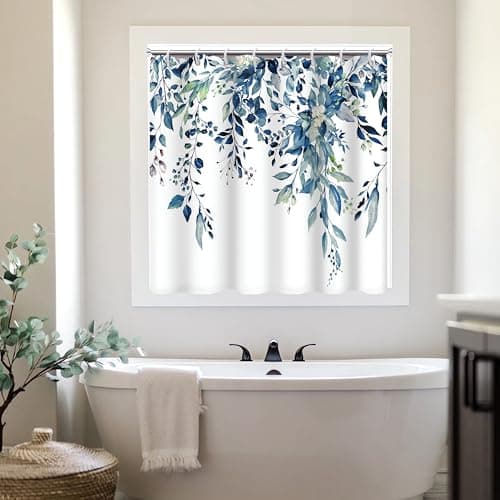 Ruelvth Shower Window Curtain, Watercolor Blue Eucalyptus Small Short Waterproof Bathroom Window Curtain with Hooks, 40x36 Inch
