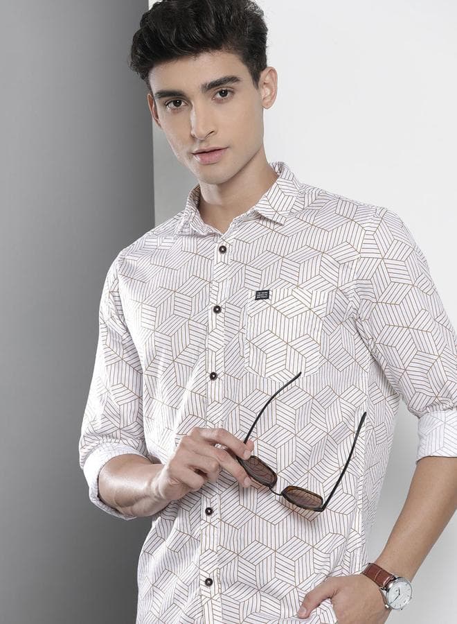 White Geometric Print Regular Fit Shirt