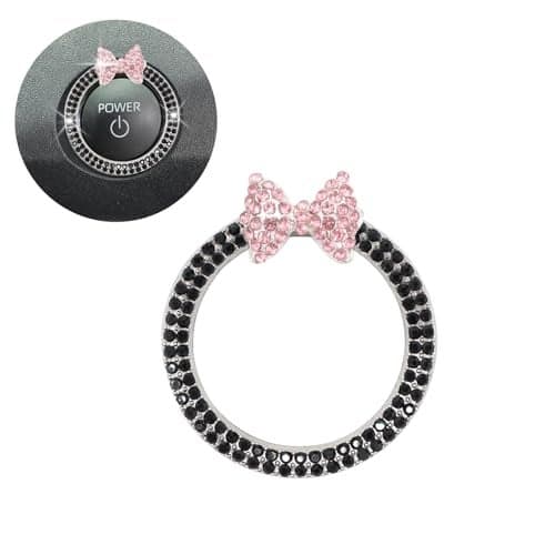ORIESSE Bow Car Accessories,Pink Bow Tie Push Start Button Rhinestone Ring,Black Engine Start Stop Button Ring Car Decor,Bling Girly Ignition Charm
