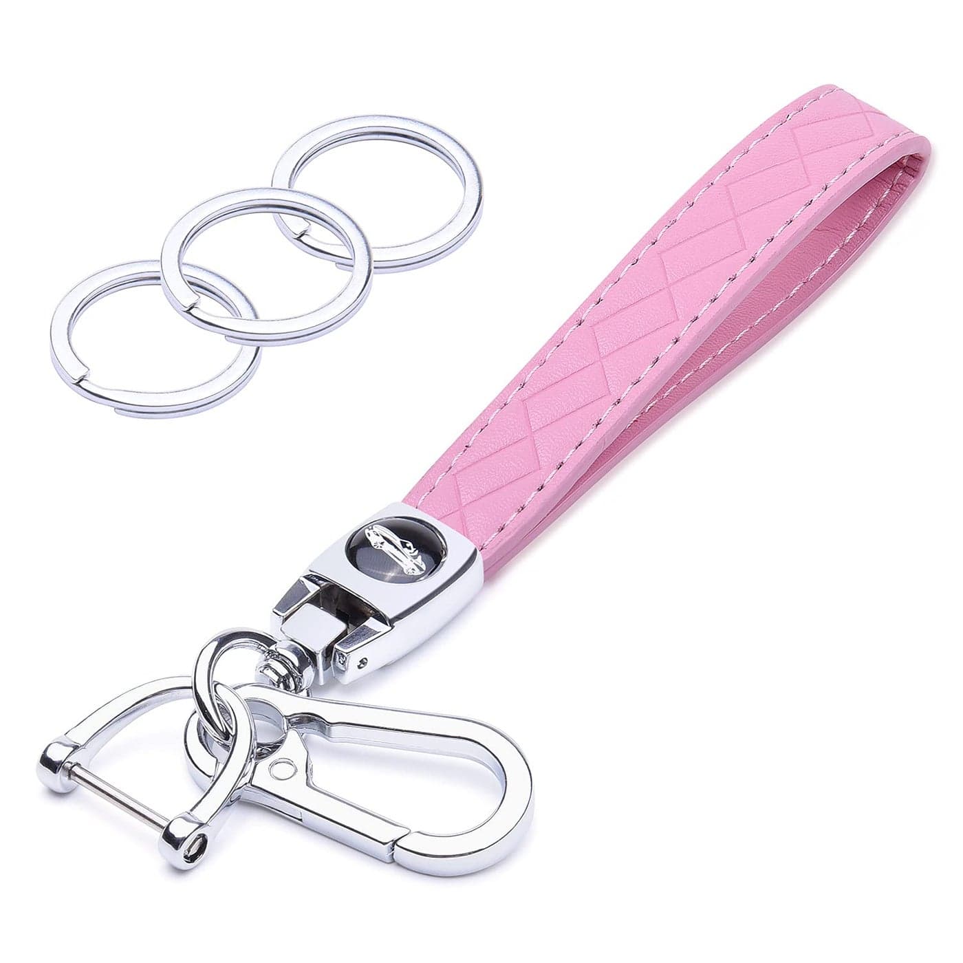 Wisdompro Microfiber Leather Car Keychain, Universal Key Fob Keychain Leather Key Chain Holder with 3 Keyrings and 1 Screwdriver for Men and Women - Pink