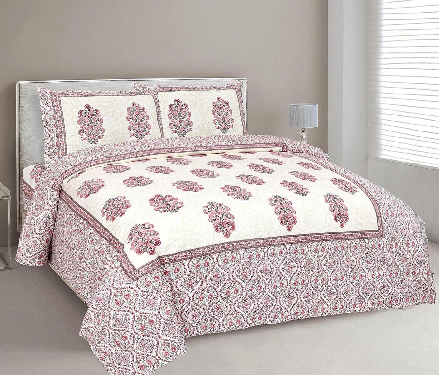 elanorhomes Cotton King Size Bedsheet Double Bed 90x108 Red Fulwari Print 2 Pillow Covers 180 TC