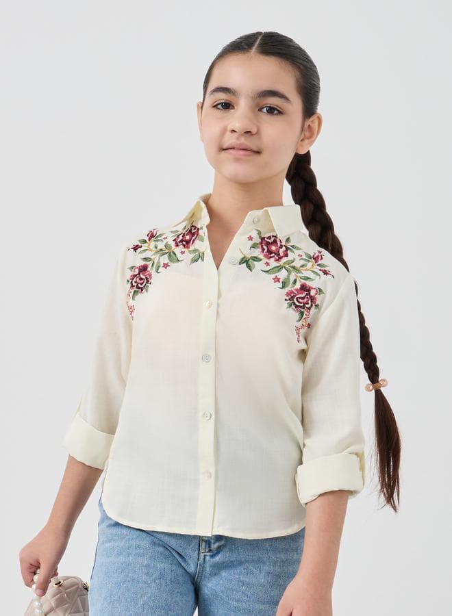 Girls Embroidered Roll-Up Sleeves Shirt