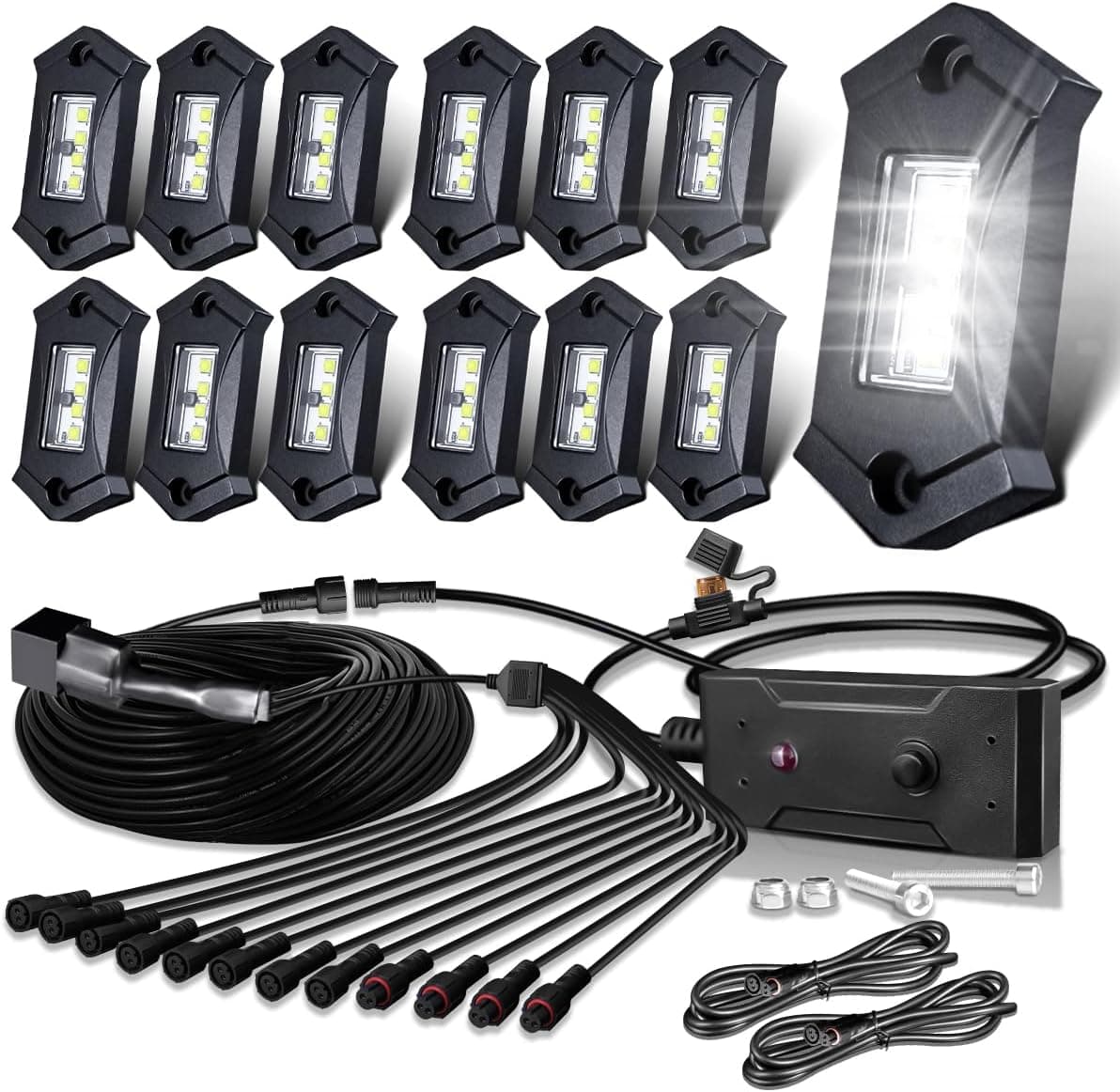LEDMIRCY R3 White LED Rock Lights Kit - 12PCS with Switch Wire Harness for Off-Road Vehicles