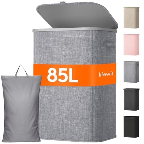 Lifewit 85L Large Laundry Basket with Lid, Laundry Hamper with Plastic Handles and Removable Bag, Foldable Tall Dirty Clothes Hampers for Laundry for Laundry Room, Bedroom, Bathroom, Dorm, Light Gray