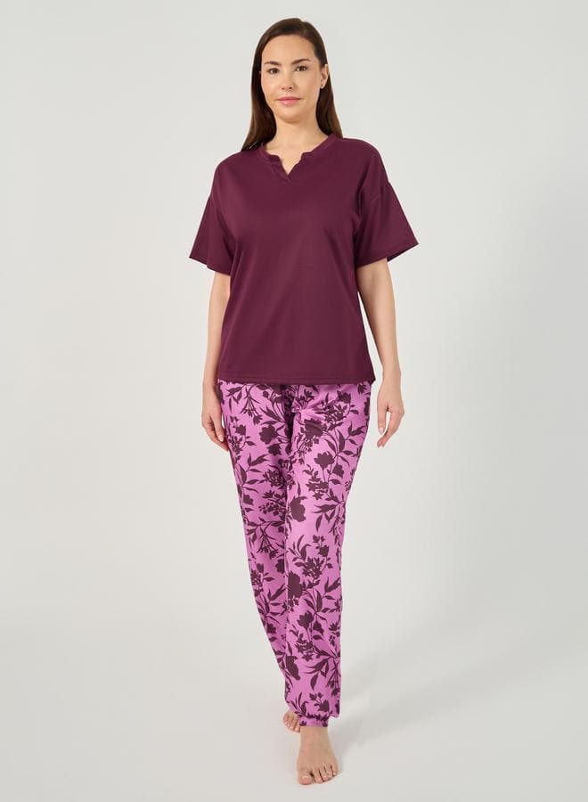 Notch Neck Drop Shoulder T-Shirt and Pyjama Set