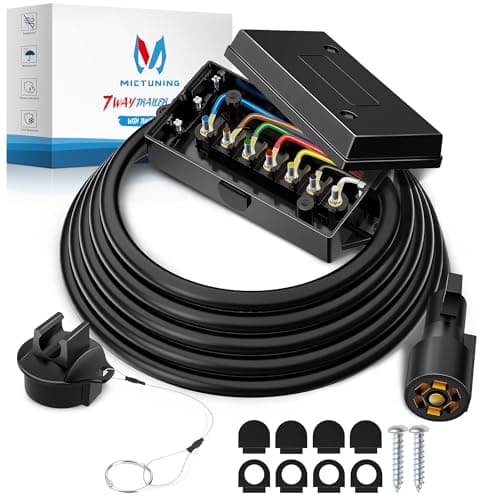 MICTUNING Heavy Duty 7 Way Plug Inline Trailer Cord with 7 Gang Junction Box 8 Feet, Weatherproof