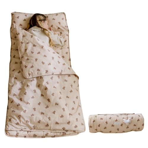 Bloomere Organic Toddler Nap Mat 100 Cotton Fabric Kids Washable Sleeping Mat Detachable Pillow Sleeping Bag with Soft 15 Pad Nap Mat for Daycare Preschool Sleepovers Brown Teddy