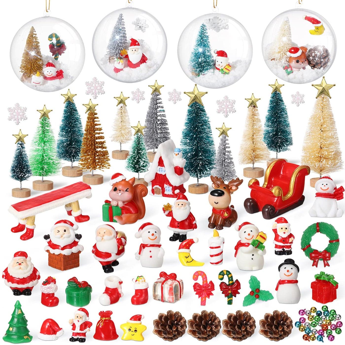 96 Pcs Miniature Ornaments for Snow Globe Kit DIY Christmas Village Decoration Christmas Figurines Mini Ornaments with Snowman Reindeer Santa Claus SnowflakeTeal Beige Gold Green