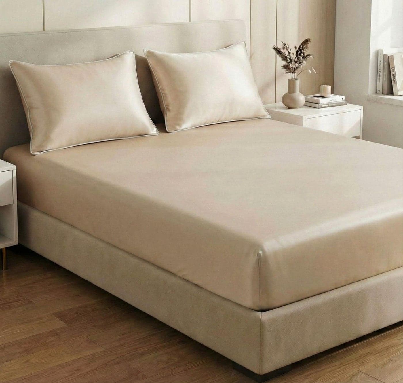 SANMARINO Luxury Satin 360° All-Round Fitted Plain King Bedsheet with 2 Pillow Cover –300 TC, Silky Soft, Deep Pocket Bed Sheet – Wrinkle-Resistant & Smooth Finish -Size(78X72+10 in)-Color-Beige