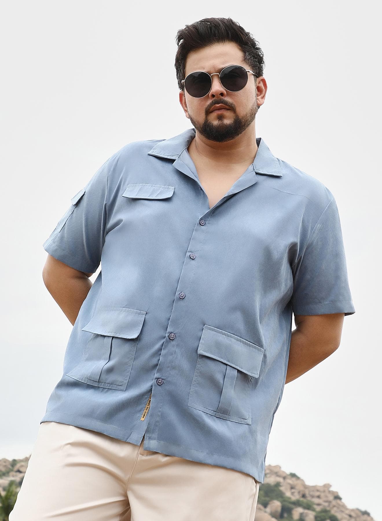 Instafab Plus Men Utility Resort Oversized Shirt | Cuban Collar , Short Regular Sleeves | Button Closure , Straight Hem | Solid Plain | Woven Fabric For Casual & Daily Wear | Powder Blue