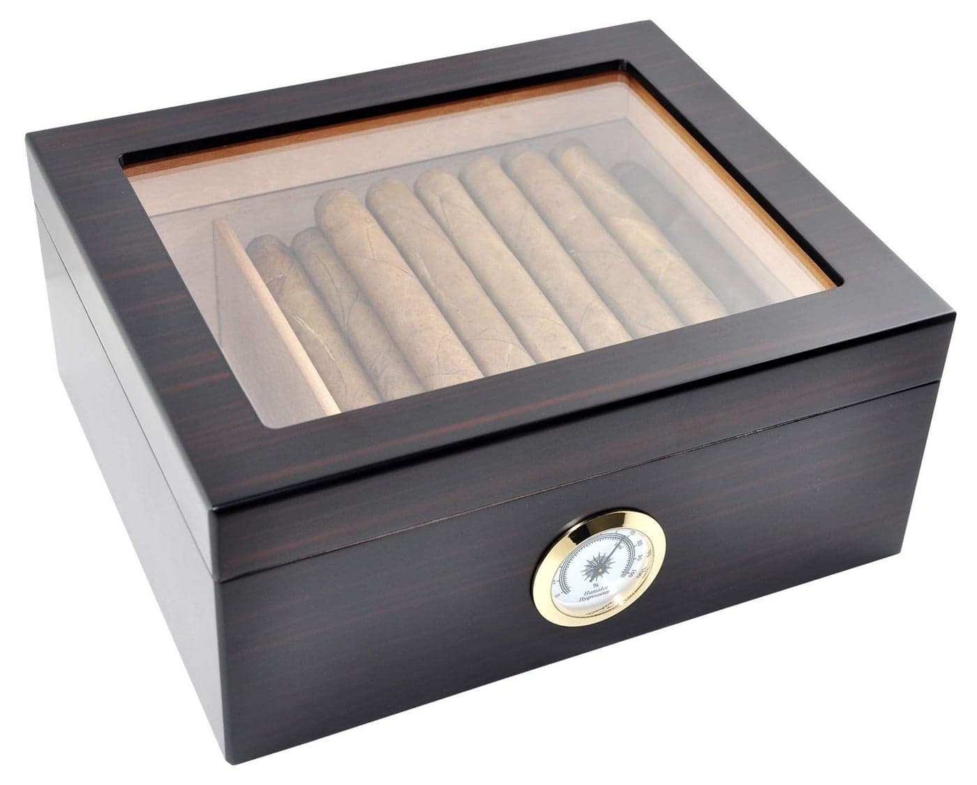 DUCIHBA Cigar Humidors Case Holds 25-50 Cigars, Tempered Glass Top Display, Handcraft Spanish Cedar Wood Desktop Storage Cigar Box with Divider, Humidifier and Hygrometer, Ebony Black Finish