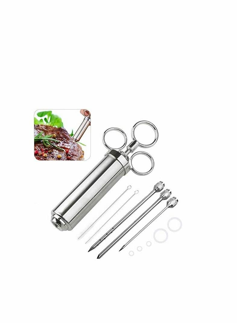 Meat Injector, Stainless Steel Marinade Flavour Food Syringe with 3 Needles/ 2oz Barbecue Kits 2 Cleaner Brushes, 4 Spare O-Rings