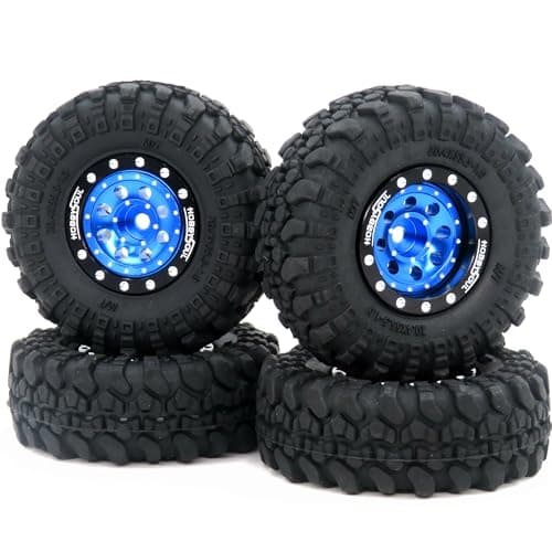 HOBBYSOUL Heavy RC 1.0 Wheels and Tires Pre-Mounted, 1/24 Tires & Adjustable Offset 1.0 Beadlock Wheels Black for 1:24 RC Crawler Axial SCX24 Upgrade,(4-Pack, Assembled)