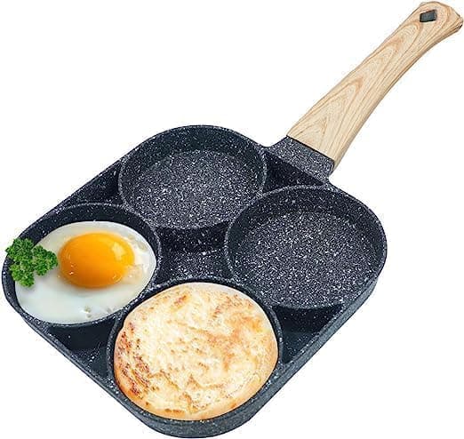 4-Hole Non-Stick Egg Frying Pan with Detachable Wooden Handle | Multi-Purpose Pan for Omelets, Burgers, Poached Eggs, Breakfast Cooking