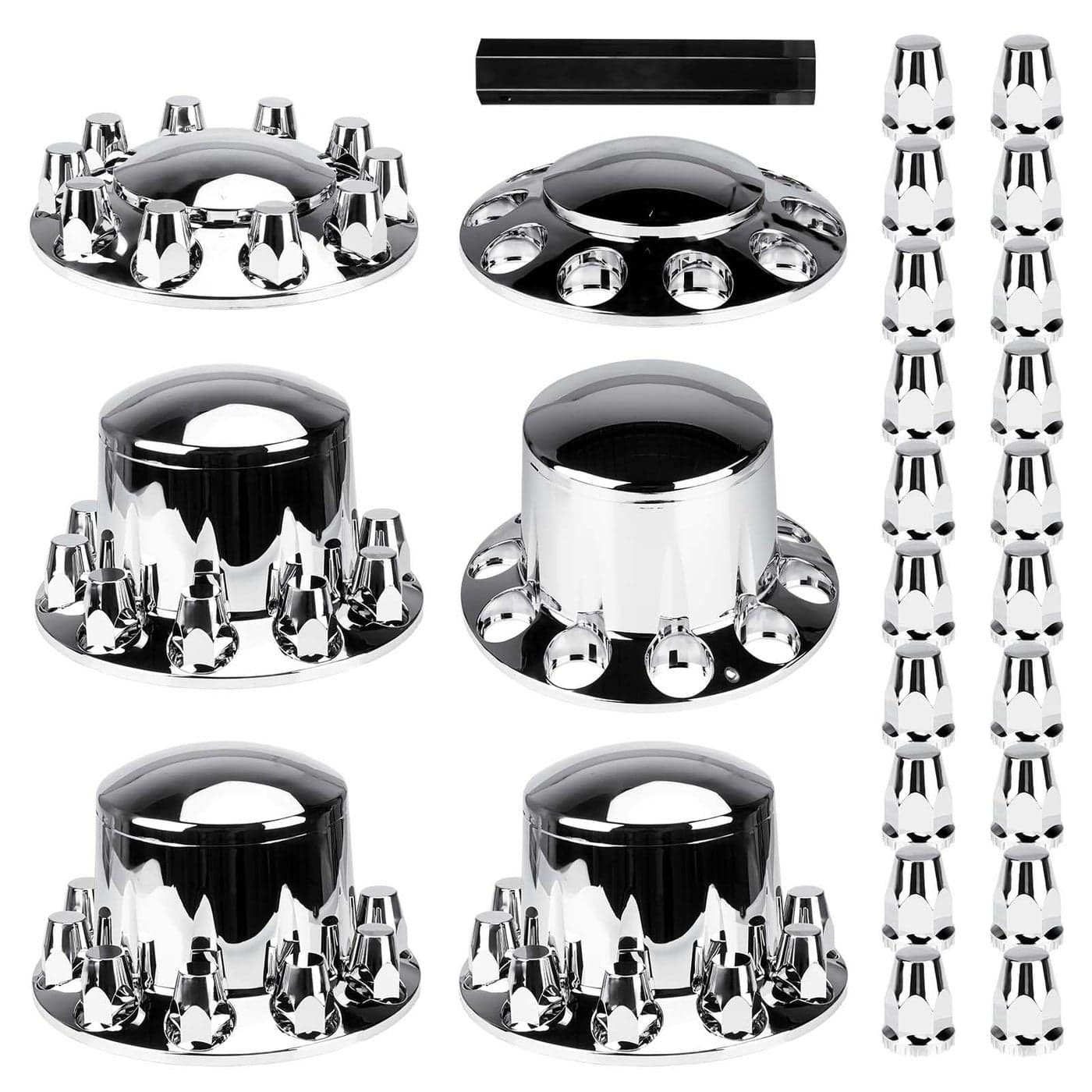 AEagle Dome Axle Cover Combo Kits for Semi Truck Hubs wScrewOn 33mm Lug Nut ABS Plastic Chrome Plated 2 Front 4 Rear 10 Hole Removable Caps 6Pcs