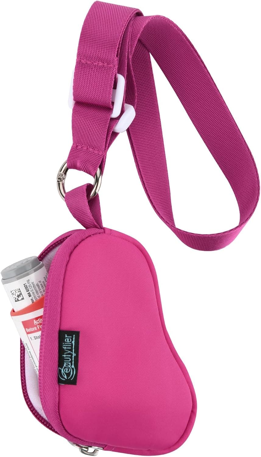 Beautyflier Asthma Inhaler Case Lanyard Holder Keychain Travel Handy Mini Bag for Adults and Kids, Does Not Include Inhaler (Hot Pink)