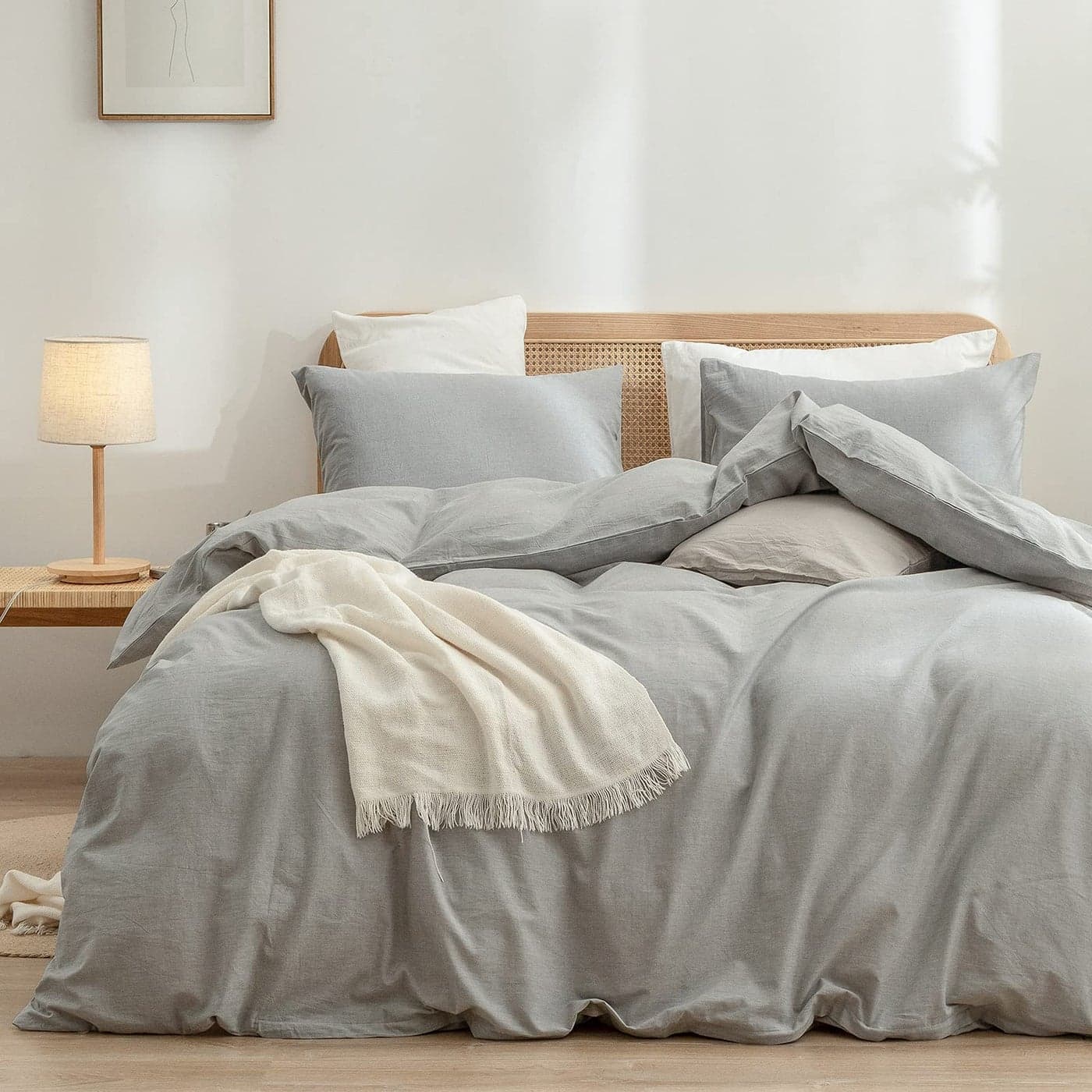 BESTOUCH Duvet Cover Set 100 Washed Cotton Linen Feel Super Soft Comfortable Chic Lightweight 2 PCs Home Bedding Set Solid Light Grey TwinTwin XL
