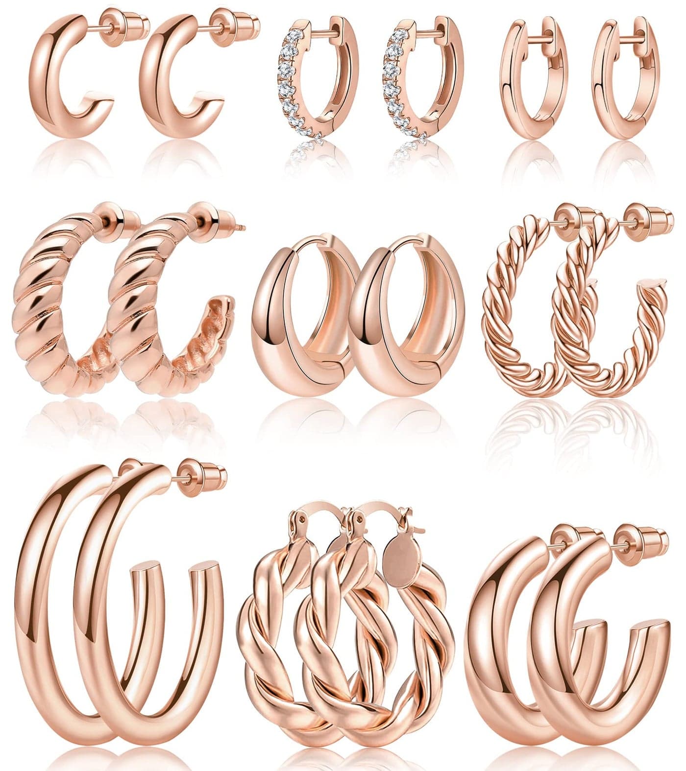 Adoyi Rose Gold Hoop Earrings Set for Women Girls Trendy 14K Plated Gold Hoops Small Chunky Earrings Twisted Huggie Ear rings Pack Lightweight 9 Pairs Jewelry Set for Mother's Day Birthday Gifts