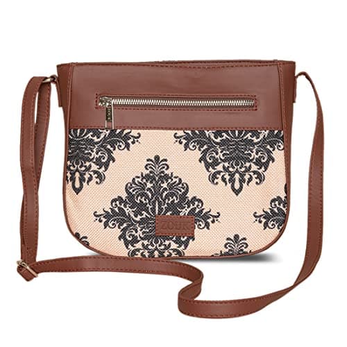 ZOUK Women's Handcrafted Cream Mughal Motif Printed U Shaped Sling Bag