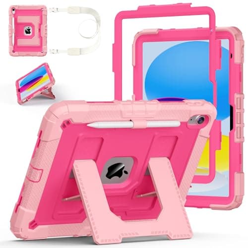 Case for iPad A16 11th/10th Generation 11/10.9 Inch 2025/2022, Auorld for ipad a16 case 11 in 2025 Military Grade Shockproof Cases with Kickstand Pencil Holder Shoulder Strap, Pink Rose