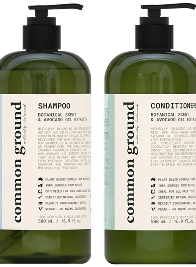 Common Ground All Natural Shampoo and Conditioner Set; Paraben and Cruelty Free, Organic, Vegan, Plant-Based Formula, Botanical Scent and Avocado Oil Extract, for Men and Women