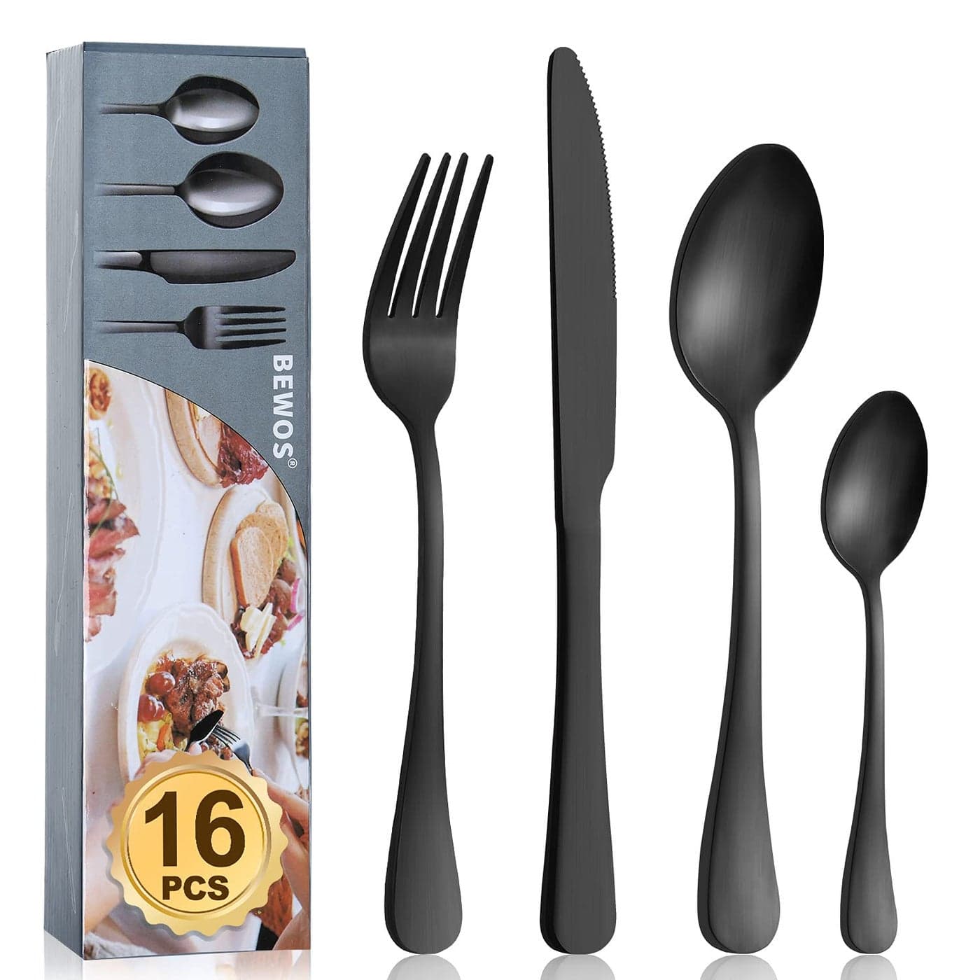 Cutlery Set BEWOS 16 Piece Matt Black Stainless Steel Flatware Set Silverware Tableware Set with Spoon Knife and Fork Set Service for 4 Easy CleanDishwasher Safe