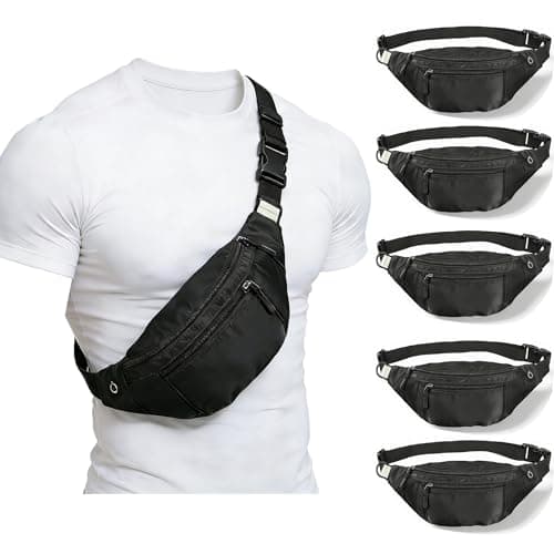 5PCS Large Crossbody Fanny Pack Bulkwith 4Zipper PocketsWaist Pack Adjustable Strap Waterproof Oxford Cloth HandsFree Wallets Phone Bag for Sports Festival Workout Outdoor Travel Men WomenBlack