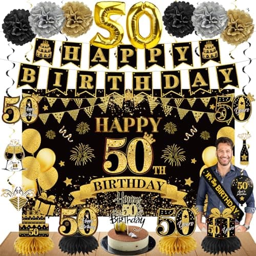 Eucutur 42PCS 50th Birthday Decoration Kit for Men Women Black Gold Happy 50th Bday Banner Balloons Honeycomb Centerpiece Swirl Paper Pompoms Party Supplies 50 Bday Sash Table Cake Topper Swirls Set