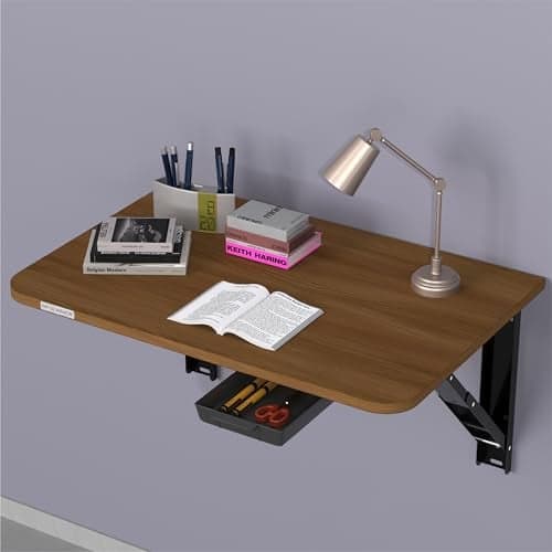 MY ARMOR Wall Mount Table Foldable | Wooden Folding Wall Study Table with Drawer | Space Saving Laptop Desk for Home & Office | Wall Mounted Foldable Table | Walnut Dark | 24 x 16 Inches