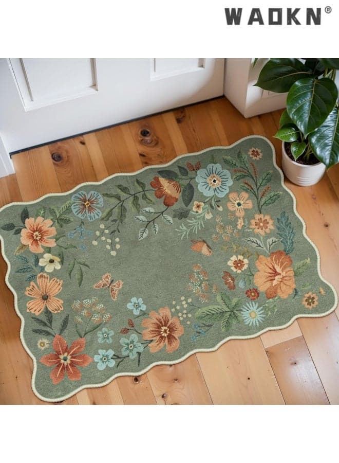Floral Rugs for Entryway, Washable Kitchen Rugs Ultra-Thin Soft Rug, Non Slip Indoor Door Mat Stain Resistant Boho Small Flore Throw Carpet for Bathroom Bedroom ,Anti dirty and wear-resistant entrance door mat , 50*80cm ,Green.
