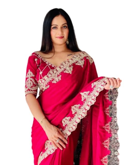 VAIRAGEE Women Chiffon Silk Magenta Embroidery Saree With Unstitched Blouse(6323_2)