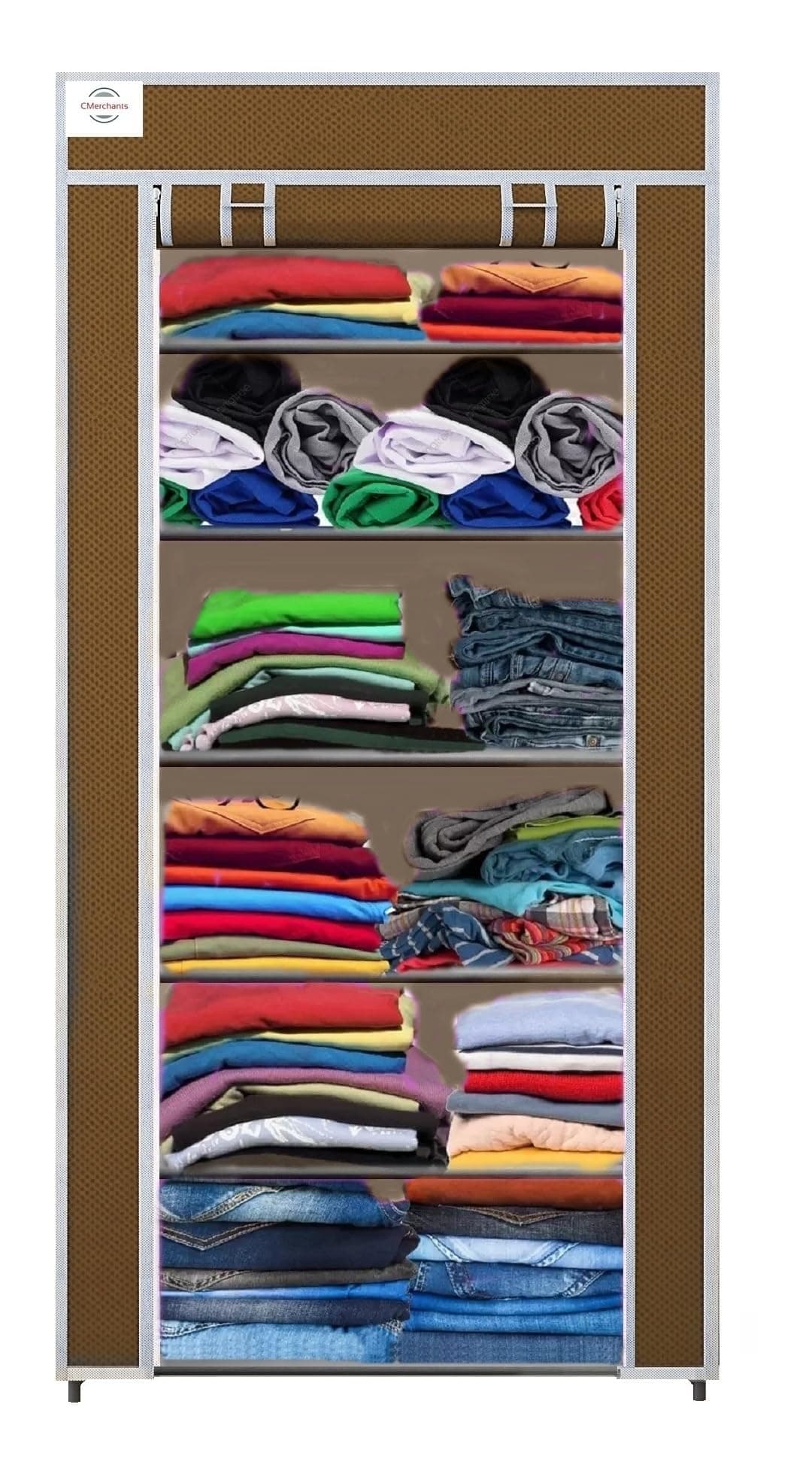 CMerchants Metal Multipurpose Collapsible Organizer With Non Woven Dustproof Zip Cover For Clothes (6 Shelve) (Brown)